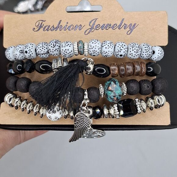 4 pc beaded bracelets tree of life angel wing volcanic ash charm accessories - Picture 2 of 3